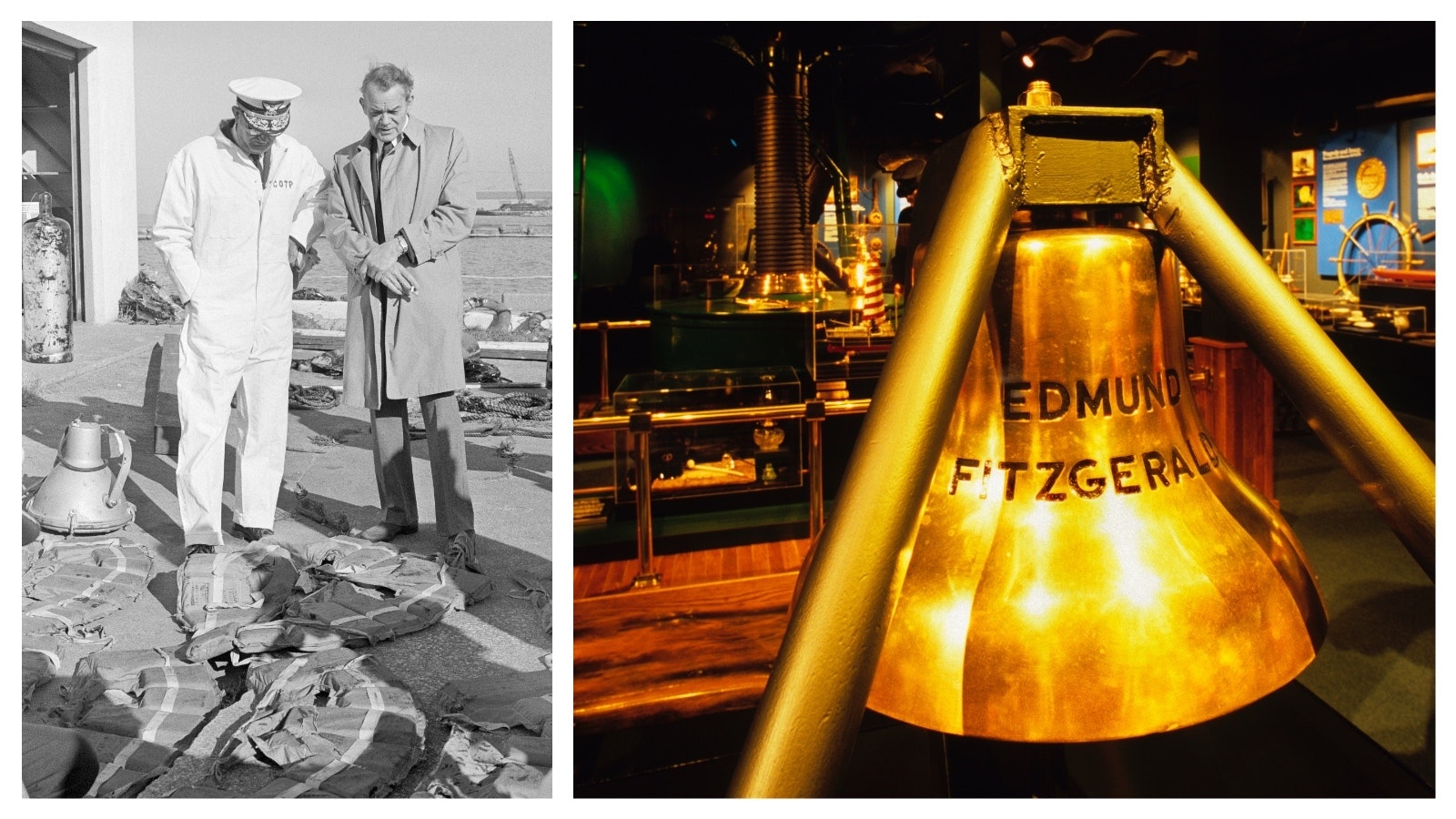 Left, Rear Admiral Winford Barrow, left, a member of the Coast Guard Board of Inquiry, and Capt. Roger Jacobsen, marine superintendent for Oglebay Norton, inspect debris from the Edmund Fitzgerald. The Edmund Fitzgerald went down during a 11/10 storm on Lake Superior with 29 men aboard. Right, Bell from the Edmund Fitzgerald, which wrecked on Lake Superior on Nov. 10, 1975, now serves as a memorial to the lost crew in the Great Lakes Shipwreck Museum in Whitefish Point, Michigan.