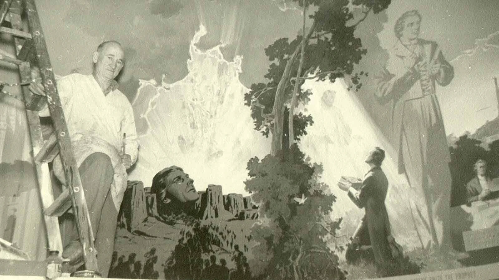 Edward T. Grigware works on his mural depicting the history of the LDS Church he was commissioned to paint.