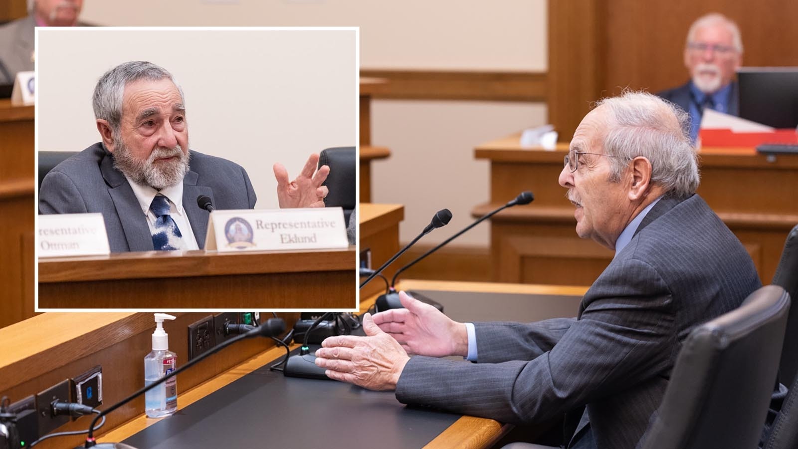 Wyoming Stock Growers Assocition Executive Vice President Jim Magagna testifies against an eminent domain bill for the House Agriculture Committee on Thursday, Jan. 16, 2025. Inset, committee member Rep. John Eklund, R-Cheyenne.