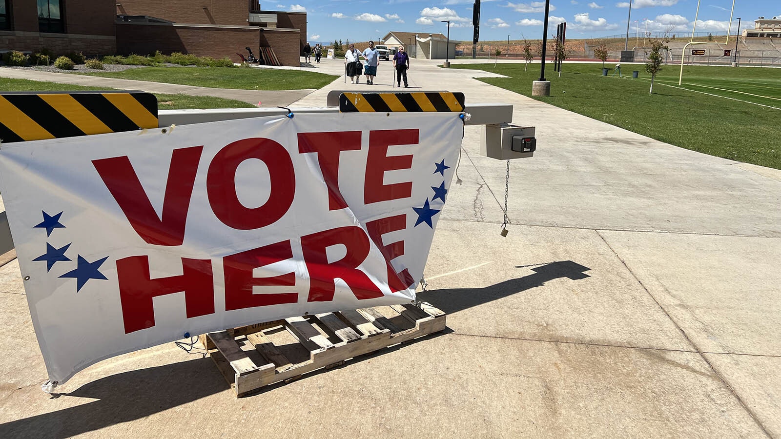A large sign outside Laramie High School tells people where to vote on Election Day in 2022.