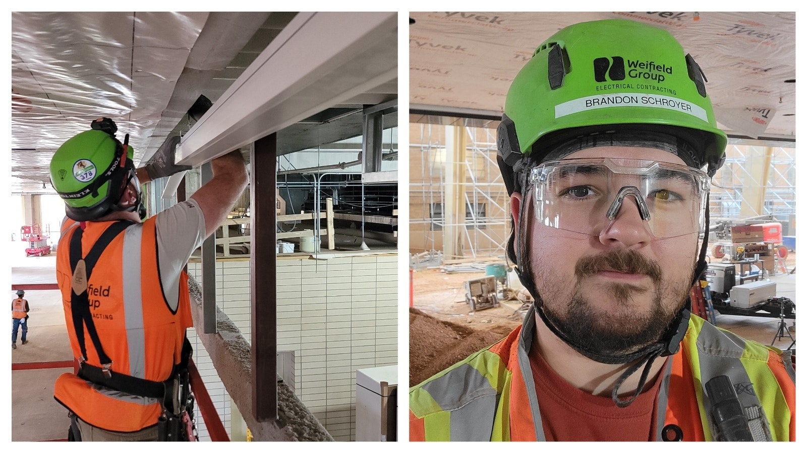 Brandon Schroyer on the job at War Memorial Stadium in Laramie, where electricians are putting in new lighting.