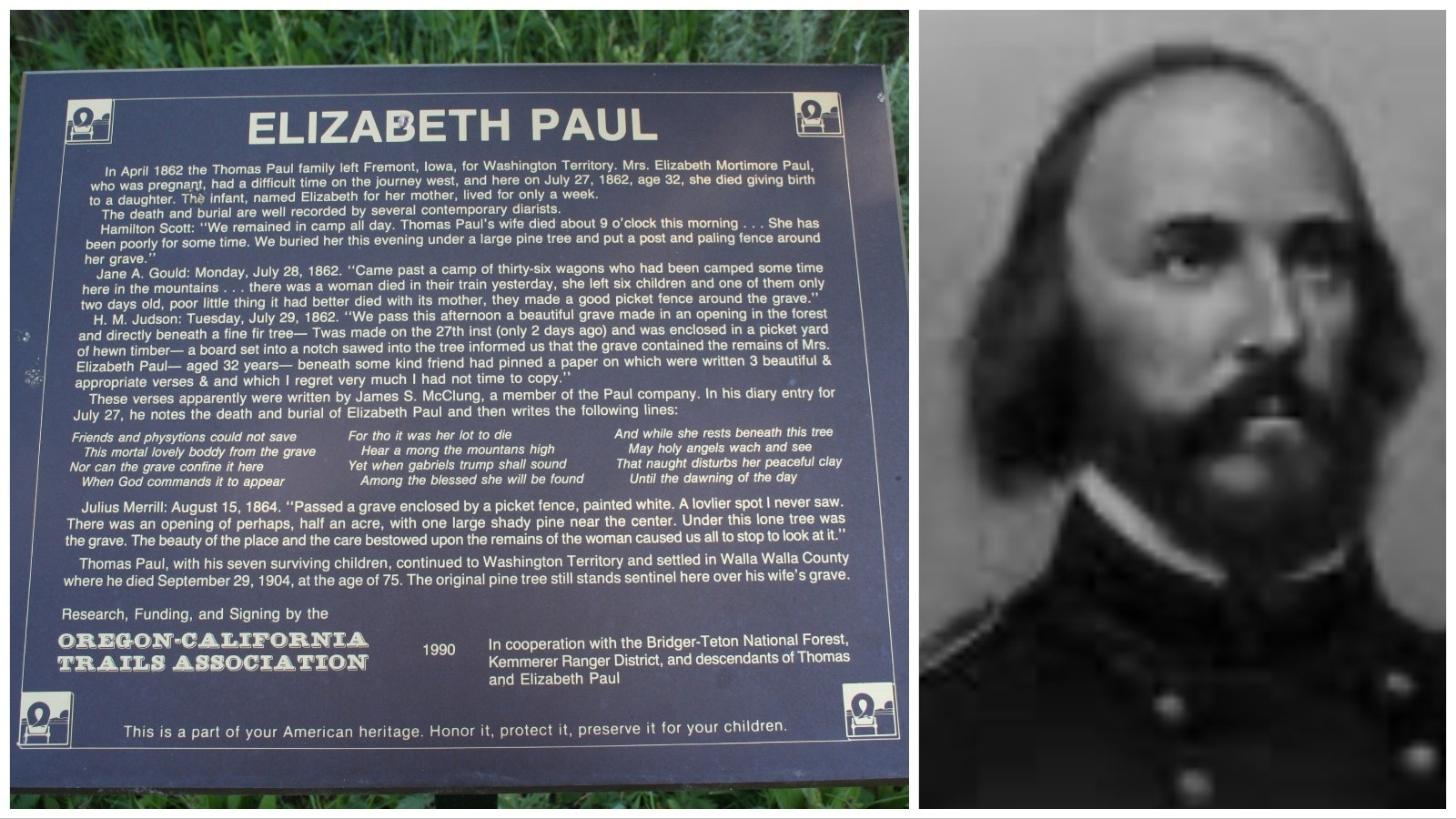 A memorial for Elizabeth Paul, placed by the Oregon-California Trails Association. At right is Frederick Lander.