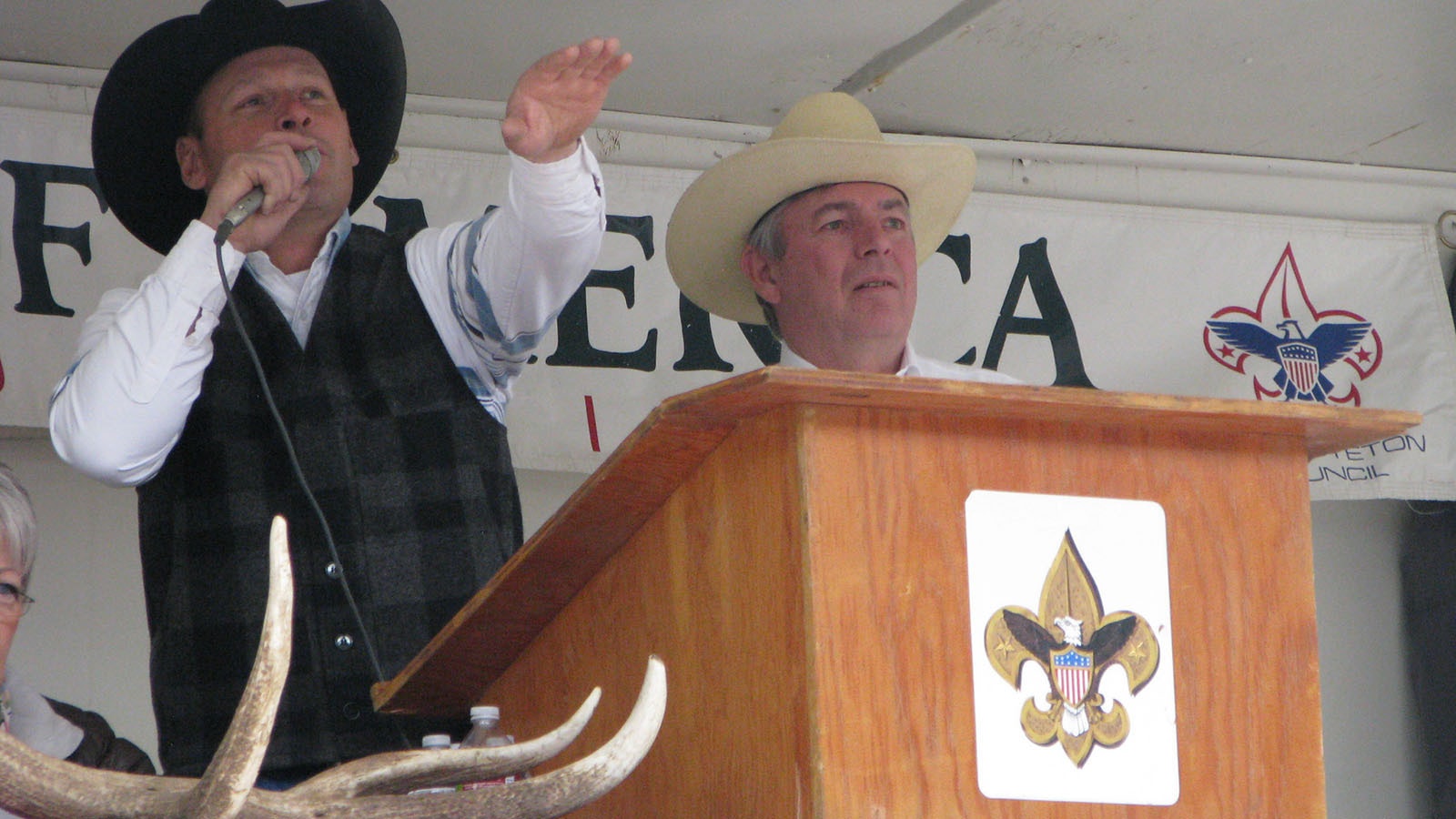 Auctioneers Brian Taylor and Jim Loose play a critical role in the antler sale at ElkFest. Depending on the number of antlers, the auction lasts several hours.