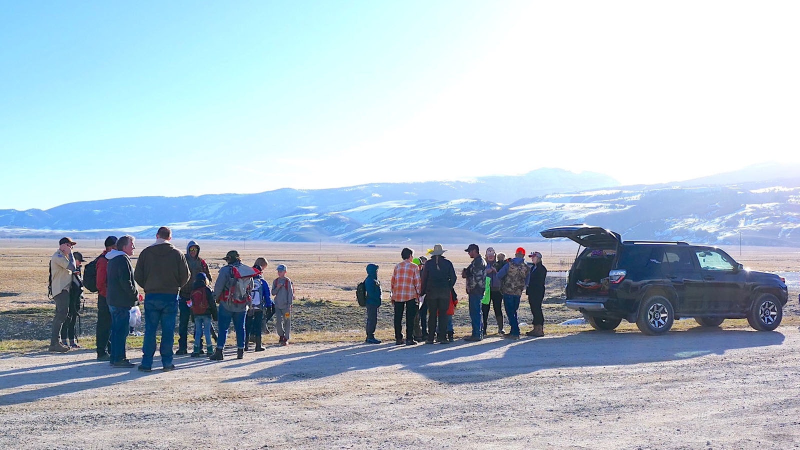 Volunteers gather on the National Elk Refuge on April 13, 2024, for a picture-perfect day of shed hunting.