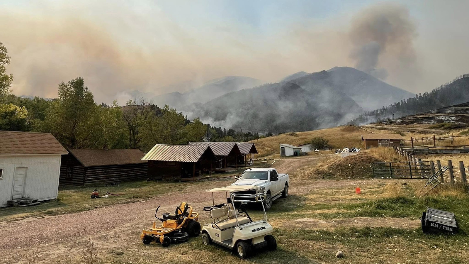 In this photo shared to her Facebook post about returning to her ranch after the Elk Fire moved through, Laura Eaton describes and shows how the fire didn't get their buildings.