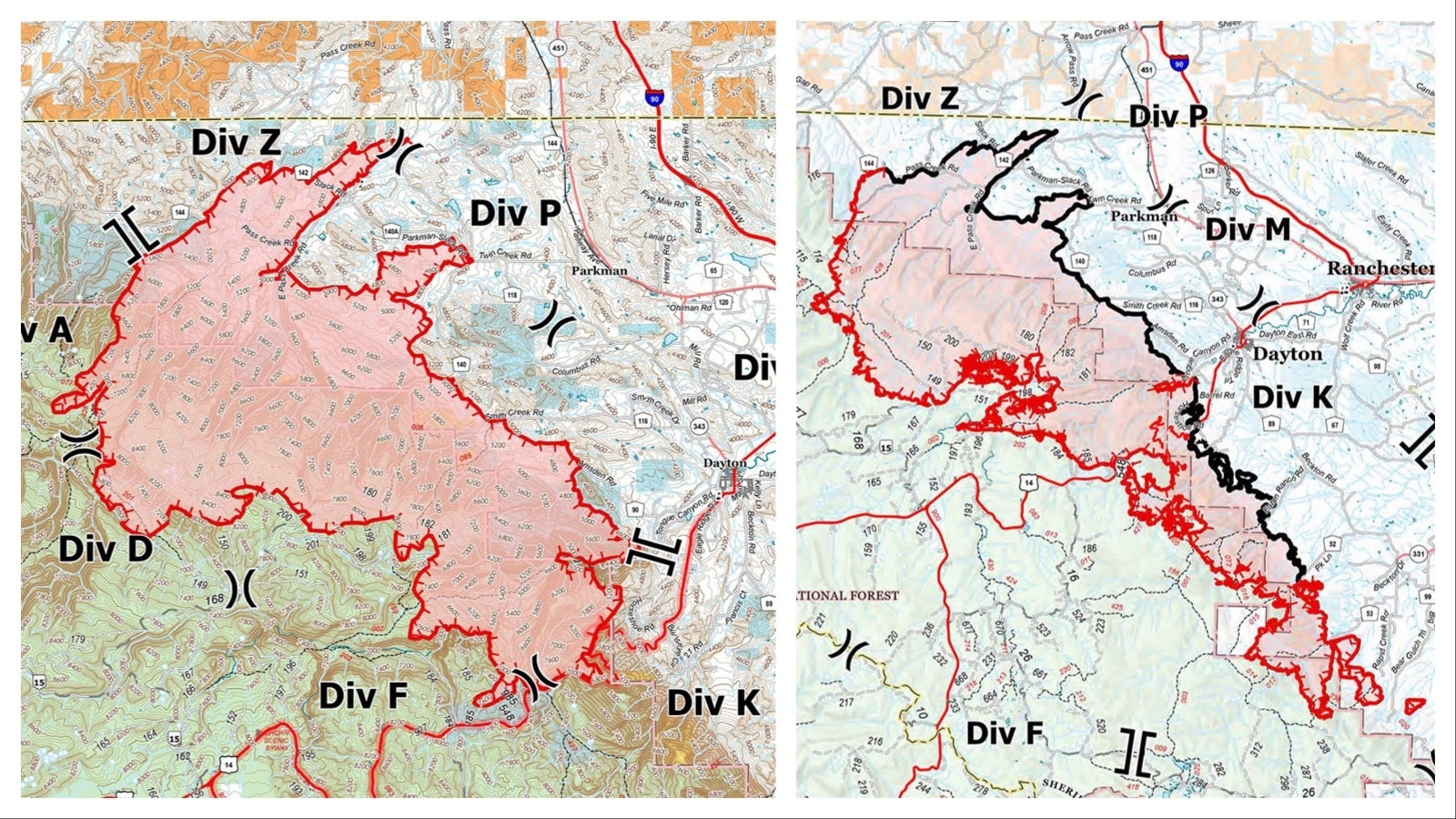 In this side-by-side view, the Elk Fire of October 3, left, shows its southern boundary just south of Dayton. On October 13, at right, its southeastward trajectory along the face of the Bighorns is shown. Additionally, the fire as 0% contained October 3 and 28% on October 13, as shown by a solid black line to delineate the edge of the fire.