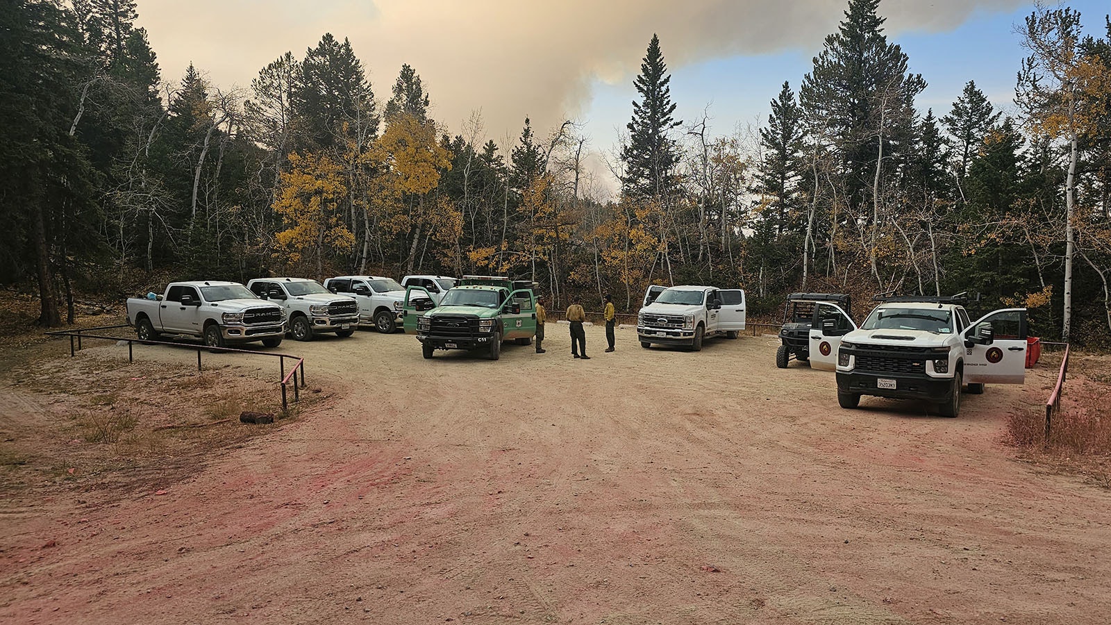 This trail head is now serving as a gathering spot for firefighters working along Red Grade Road.