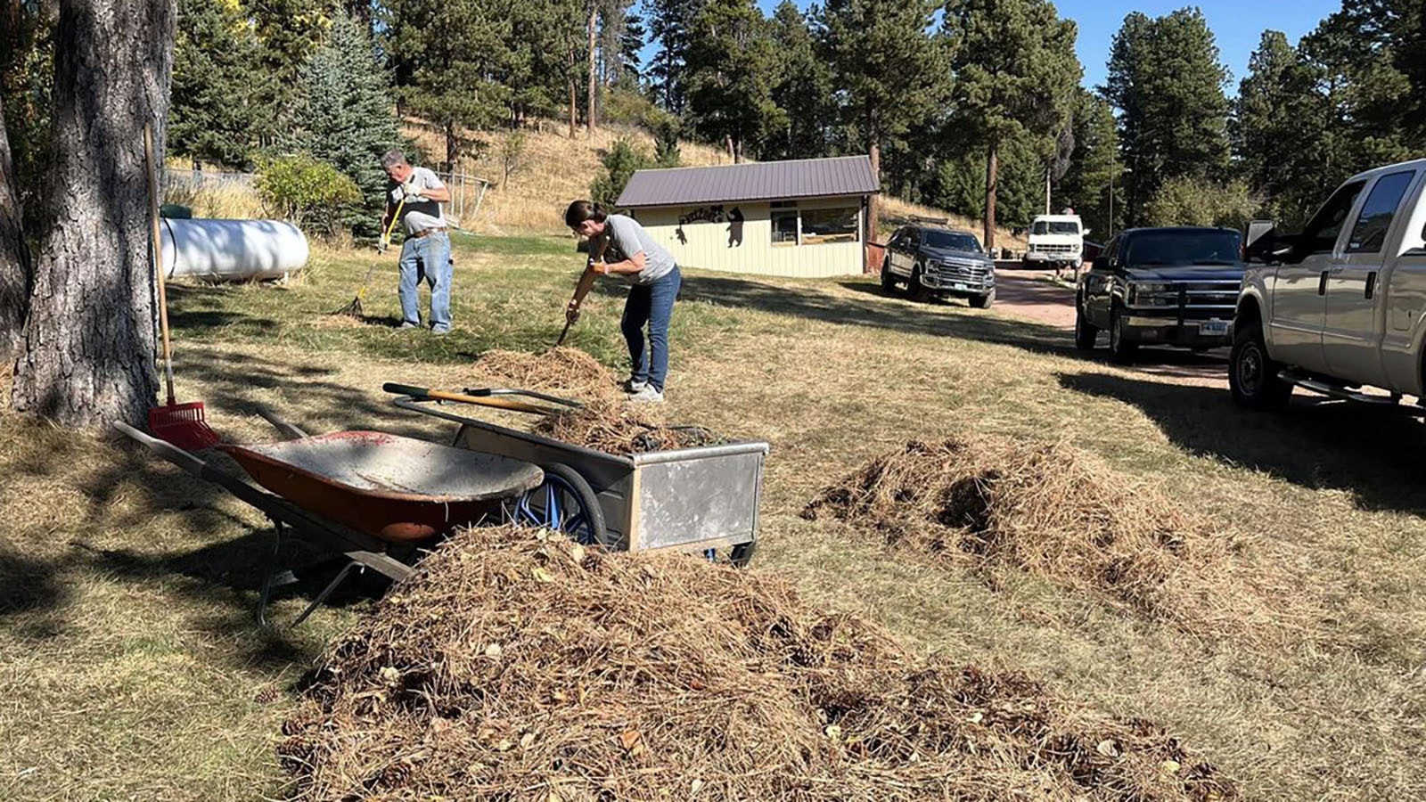 Volunteers remove debris from around Story homes to help protect them in case the Elk Fire gets too close.