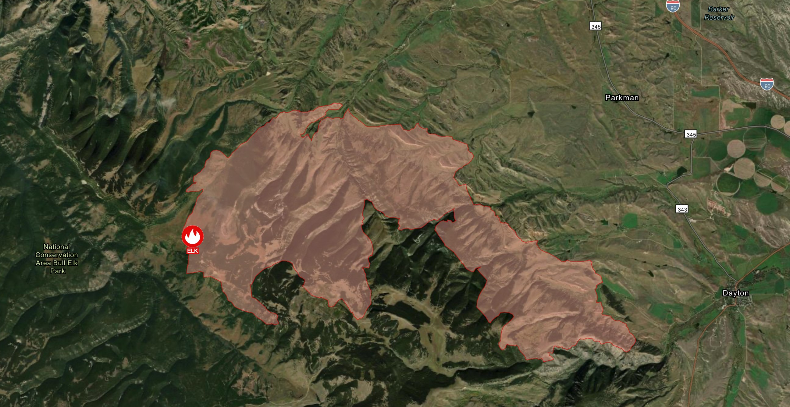 The Elk Fire is burning west of Parkman and Dayton, Wyoming, not far from the Montana border.