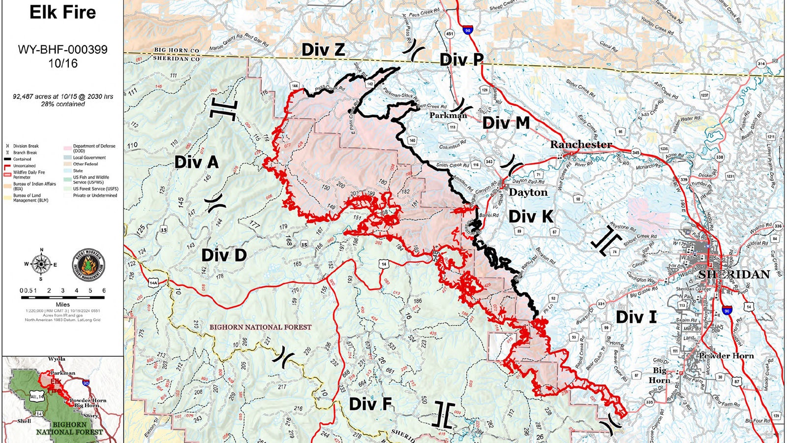 The Elk Fire as of Wednesday, Oct. 16, 2024. The "Div" notations around the fire denote which division of the firefighting team is stationed in that area. The black border of the fire outline is contained fire line.