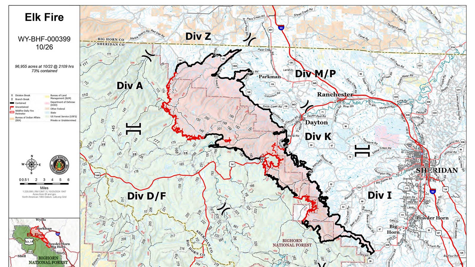 The Elk Fire map on Oct. 26, 2024, shows it's 73% contained with a solid black border.