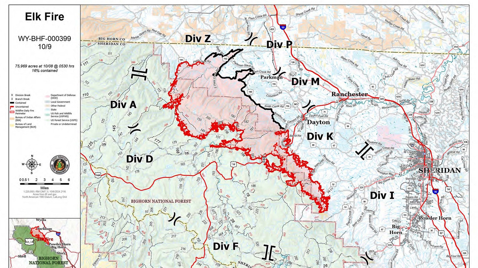 The latest map showing the boundaries of the Elk Fire in northern Wyoming shows where it's achieved containment, which is about 16% overall. The solid black border reflects where the fire has been contained.