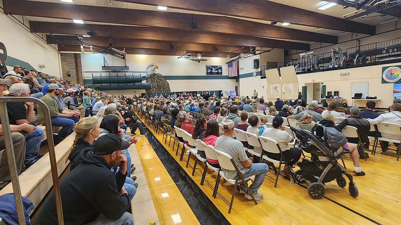 About 800 people attended a meeting on the Elk Fire at Tongue River Middle School in Ranchester on Wednesday night.