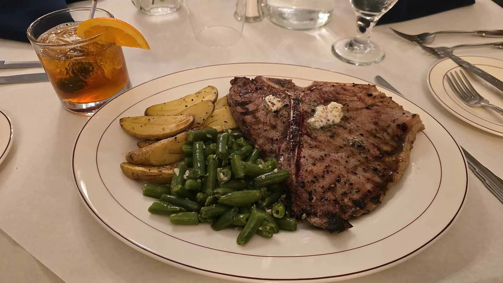 Dinner options include steak and pasta.