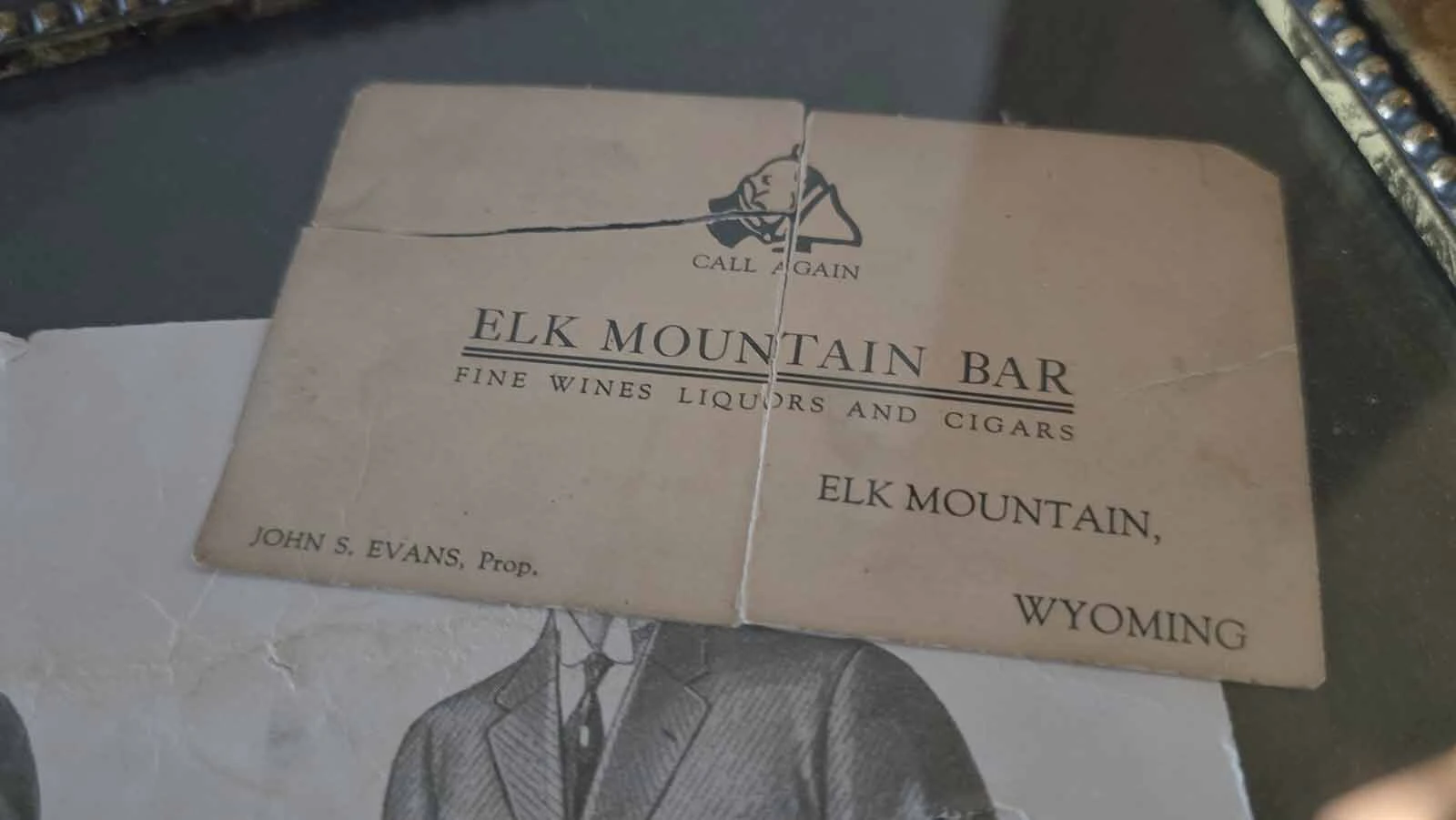 One of John Evans' business cards at El;k Mountain Hotel.