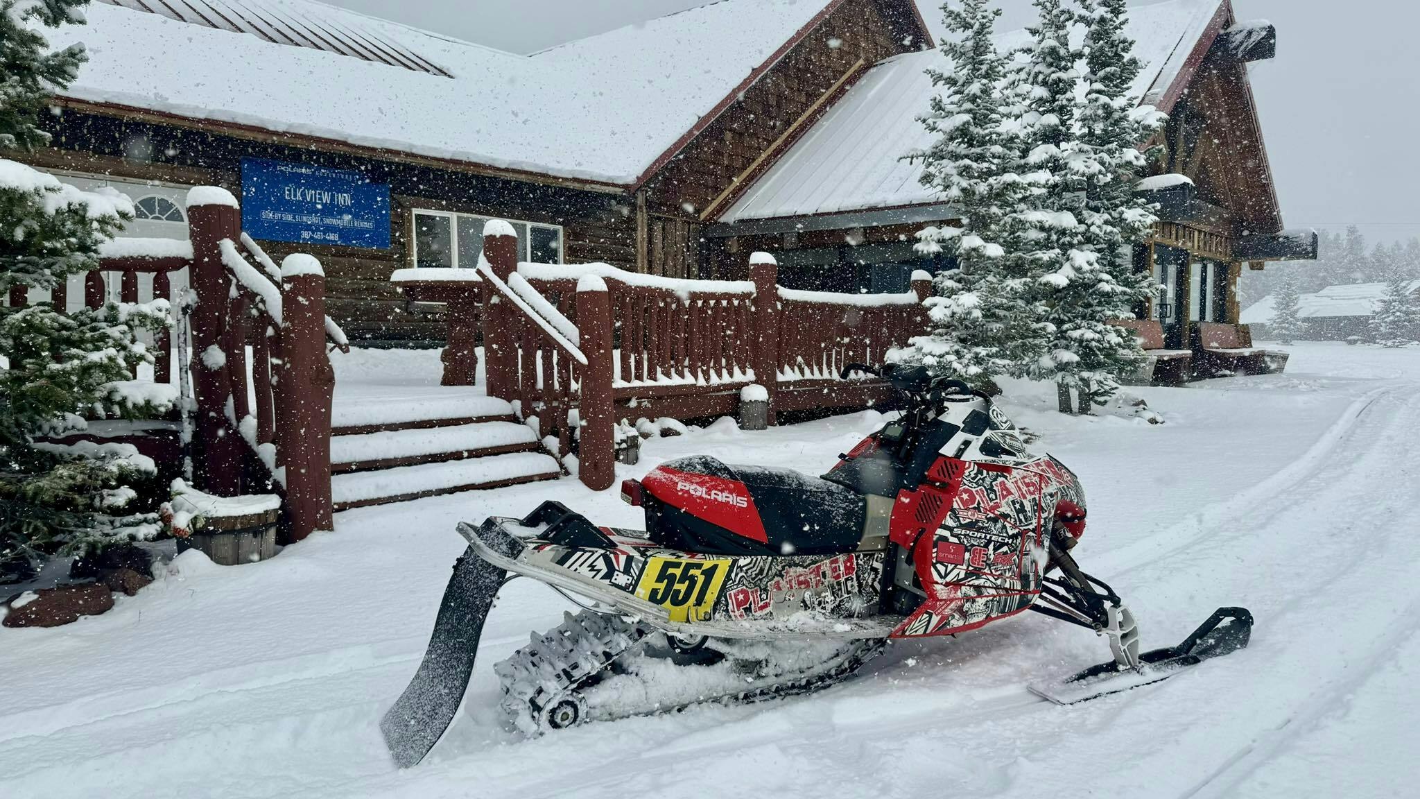 At the Elk View Inn near Burgess Junction on the west boundary of the Elk Fire, the snow is piling up.