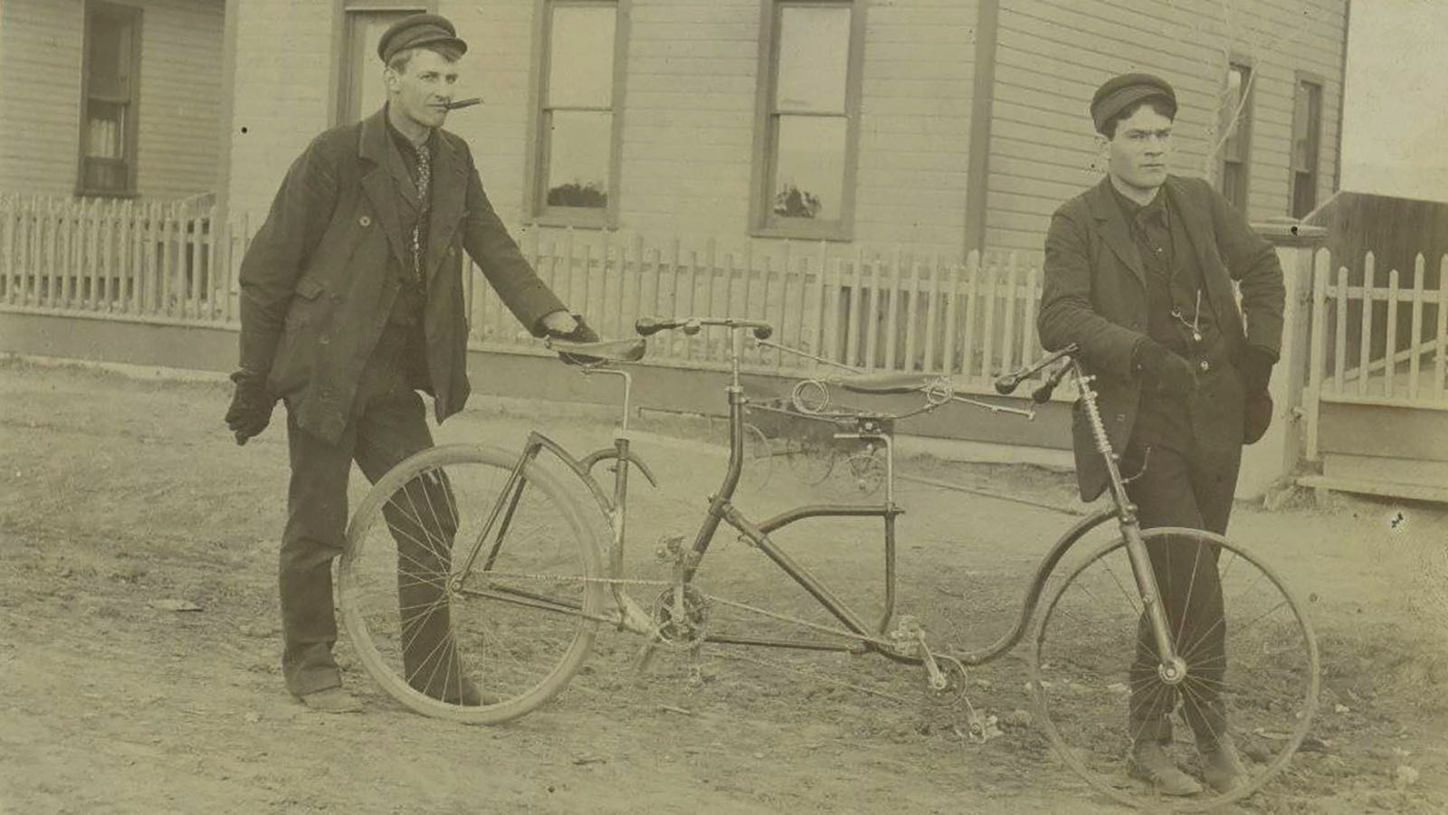 Elmer Lovejoy, left, with his tandem bicycle.