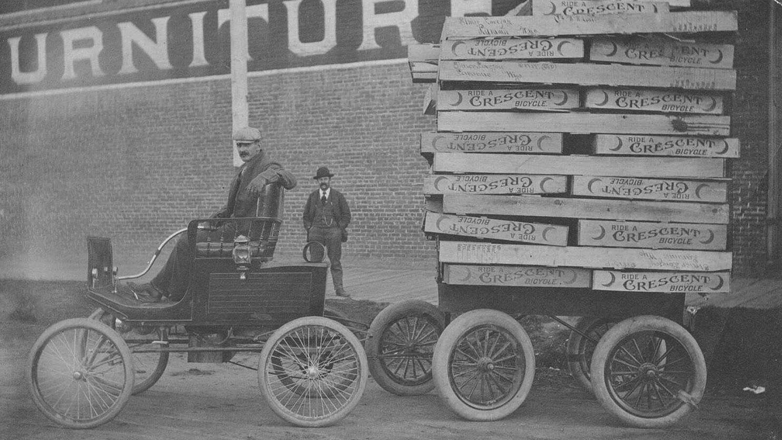 Elmer Lovejoy hauls a load of Crescent bicycles with his Locomobile Steamer in 1897. A year later he would become the first person to drive an automobile in Wyoming, one of his own making.