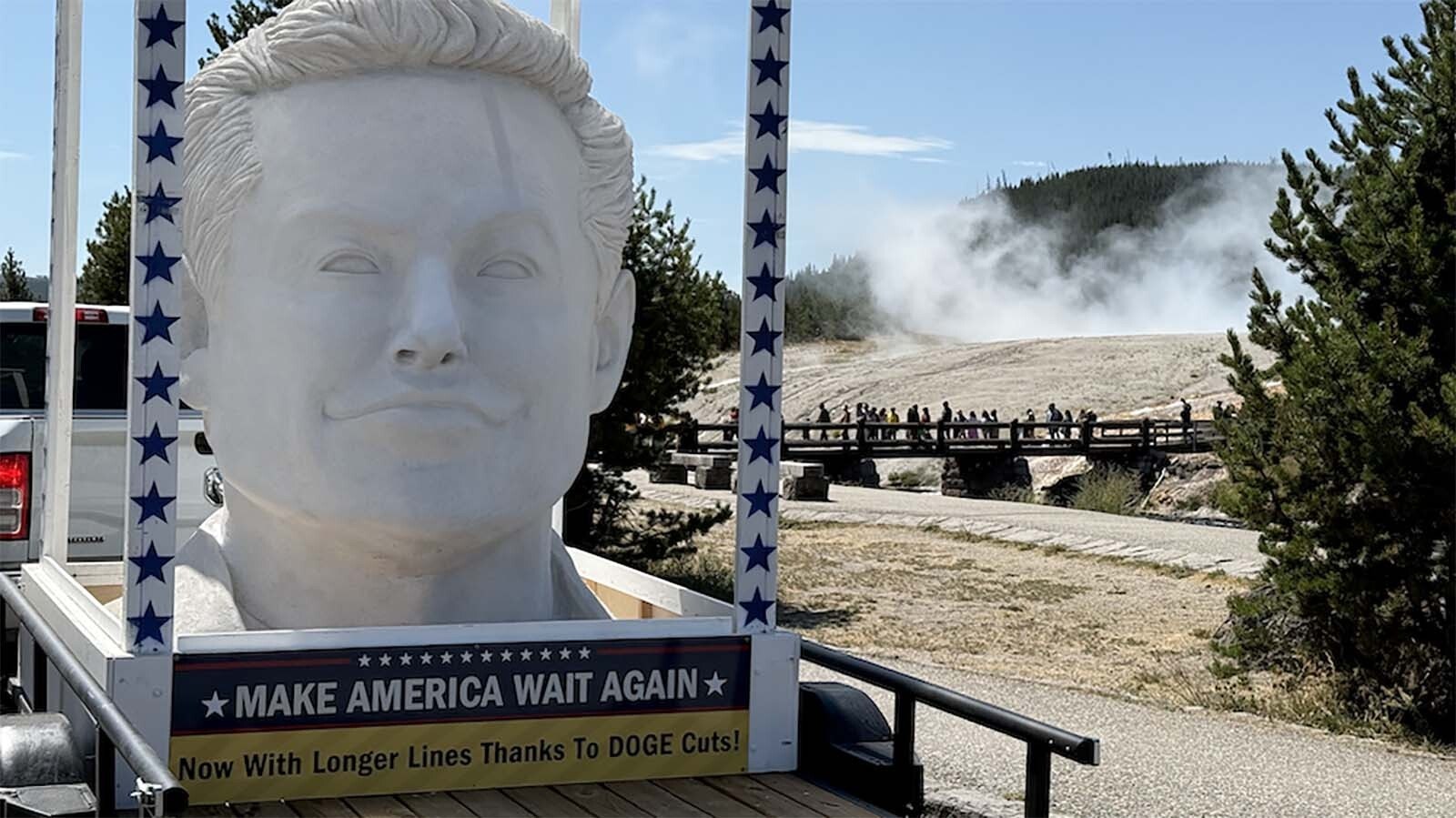 A giant 12-foot-tall Elon Musk head hauled on a flatbed trailer behind a pickup is making the rounds through national parks, including Yellowstone. It’s sparking praise and alarm about what it represents on federally protected land. Here it's rolling through Yellowstone.