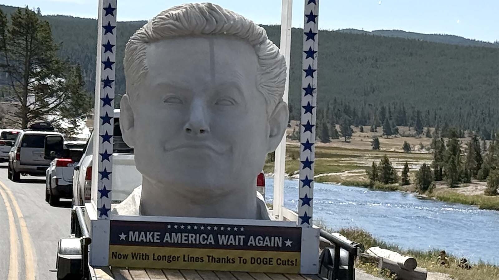 A giant 12-foot-tall Elon Musk head hauled on a flatbed trailer behind a pickup is making the rounds through national parks, including Yellowstone. It’s sparking praise and alarm about what it represents on federally protected land. Here it's rolling through Yellowstone.