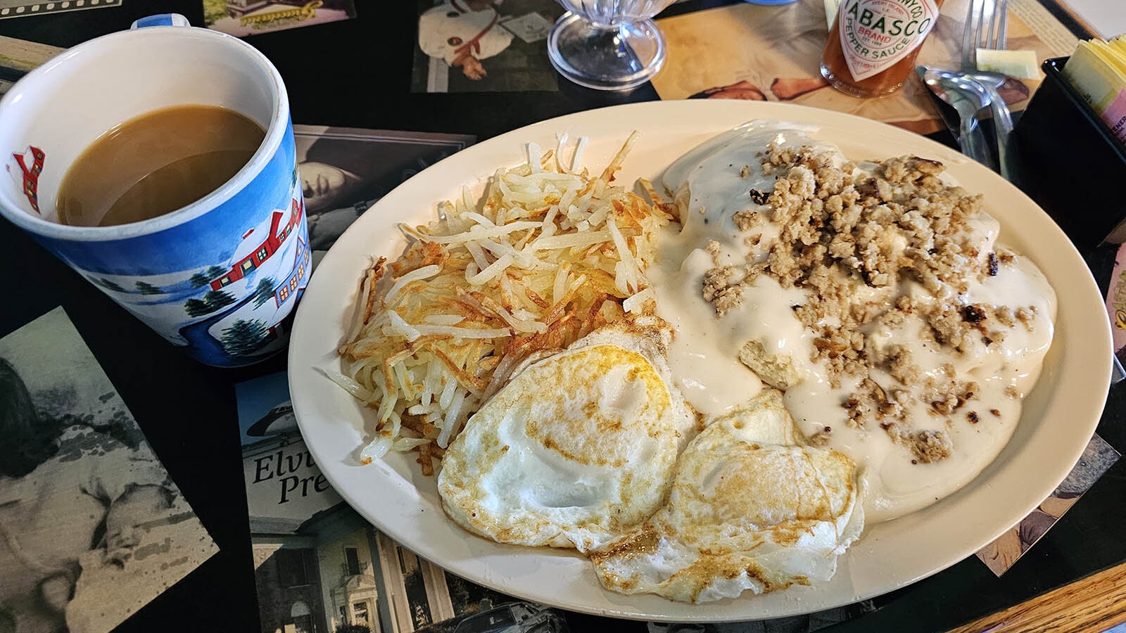 King-sized portions of crispy has browns, sausage gravy on biscuits and two eggs over easy, plus a bottomless cup of coffee. Hot sauce is optional, but we're sure Elvis would have approved either way.