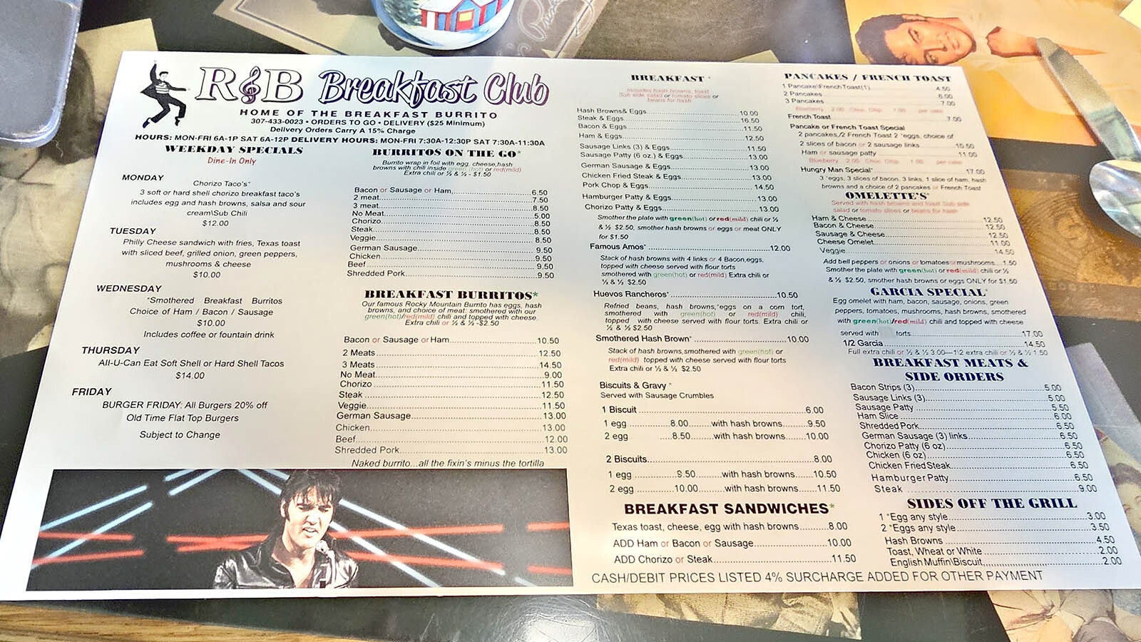 The menu at R&B Breakfast Club features Elvis-sized portions of hearty food, along with pictures of the King himself.