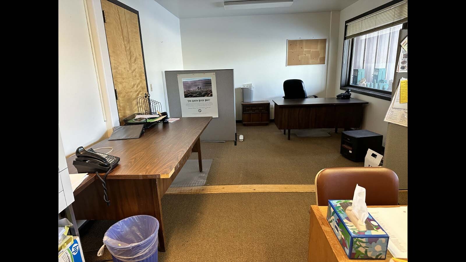 An empty newsroom at the Pinedale Roundup in February 2024, when editor Cali O'Hare was forced to cut her editorial staff, leaving just her to cover the town's news.