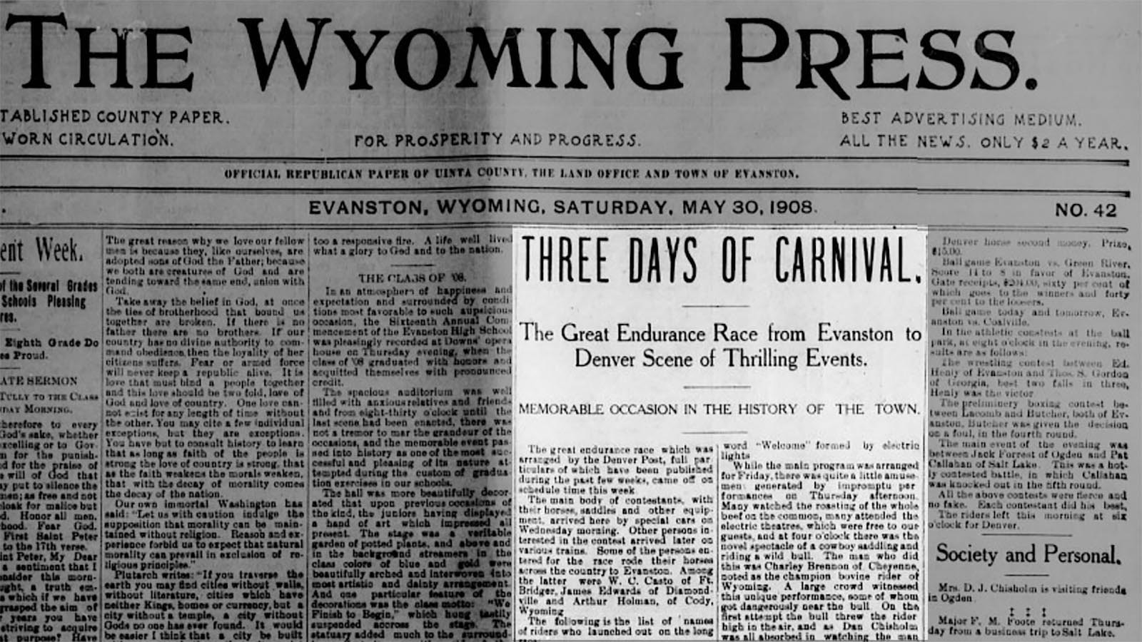 The Wyoming Press in Evanston promoted the “Three Days of Carnival” surrounding the horse endurance race.