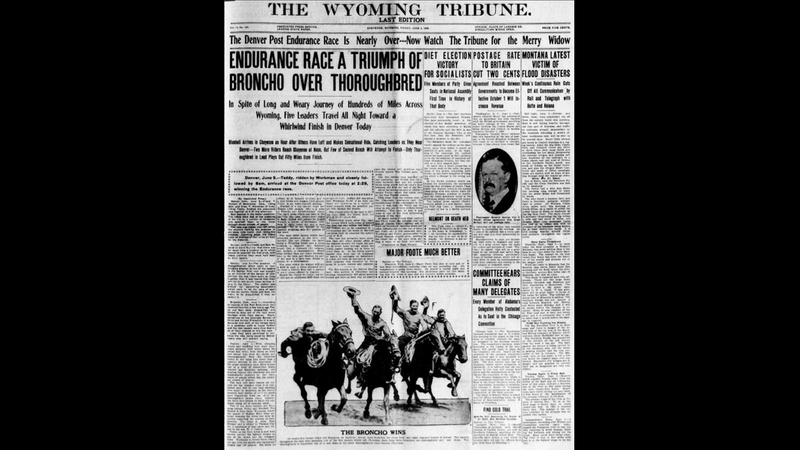 The Wyoming Tribune on June 6, 1908, promoted the fact that all the leading horses were broncos and not thoroughbreds.