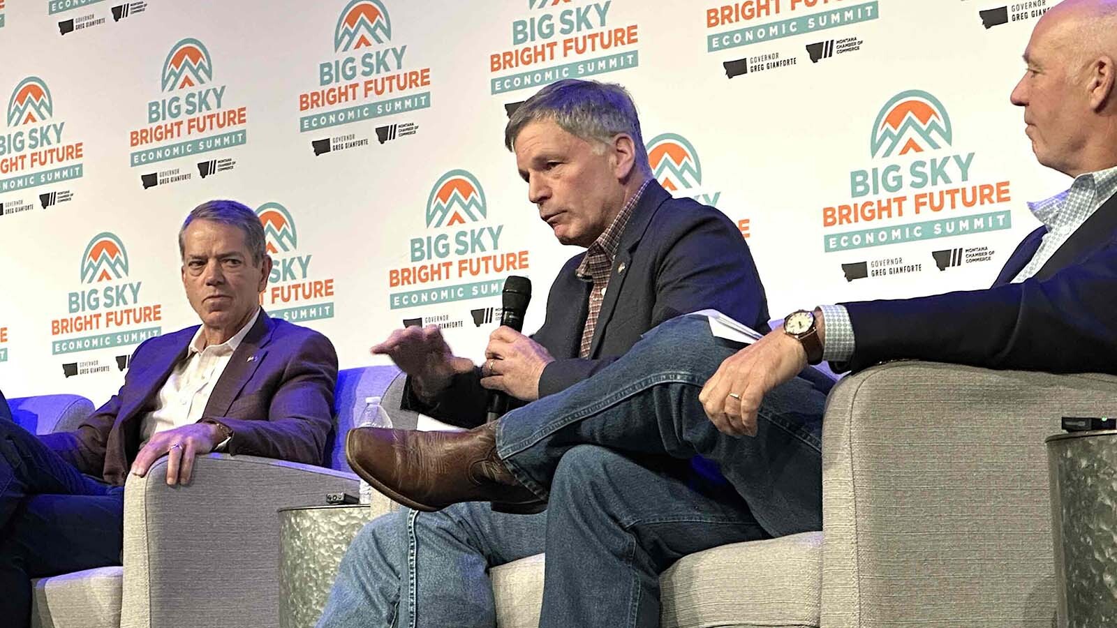 Gov. Mark Gordon addresses the Big Sky Bright Future Economic Summit in Bozeman on Thursday.