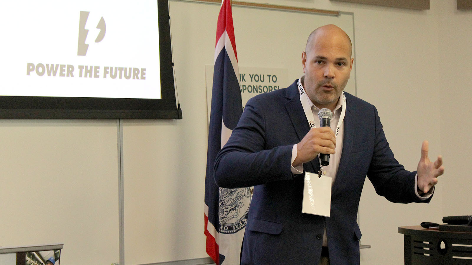 Daniel Turner talks about the work Power The Future does during a presentation at the Wyoming Mining Association Annual Convention in Sheridan.