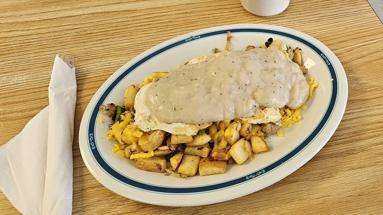 A breakfast skillet at Diamond Horseshoe Cafe in Cheyenne is a favorite menu item at the restaurant, particularly on weekends. It's two eggs over fried potatoes with gravy and cheese on top.