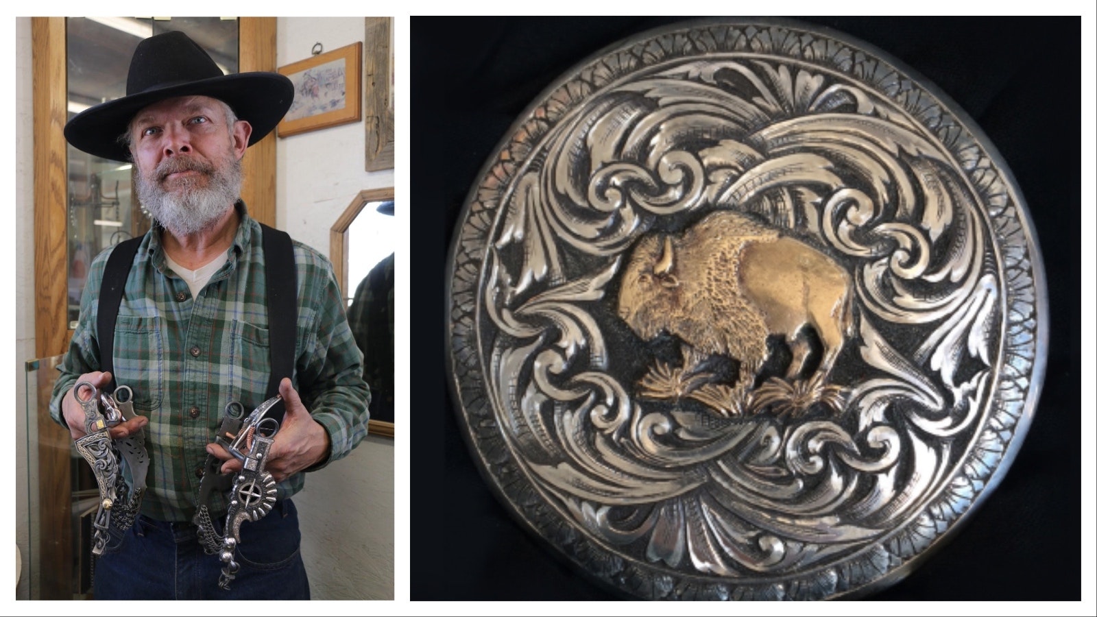 Silversmith Ernie Marsh has often teamed up with other artists to create stunning Wyoming art that can be used. This horncap, right, was made for a Keith Seidel and Jim Jackson collaboration saddle. It is now displayed at the Brinton Museum in Big Horn, Wyoming.