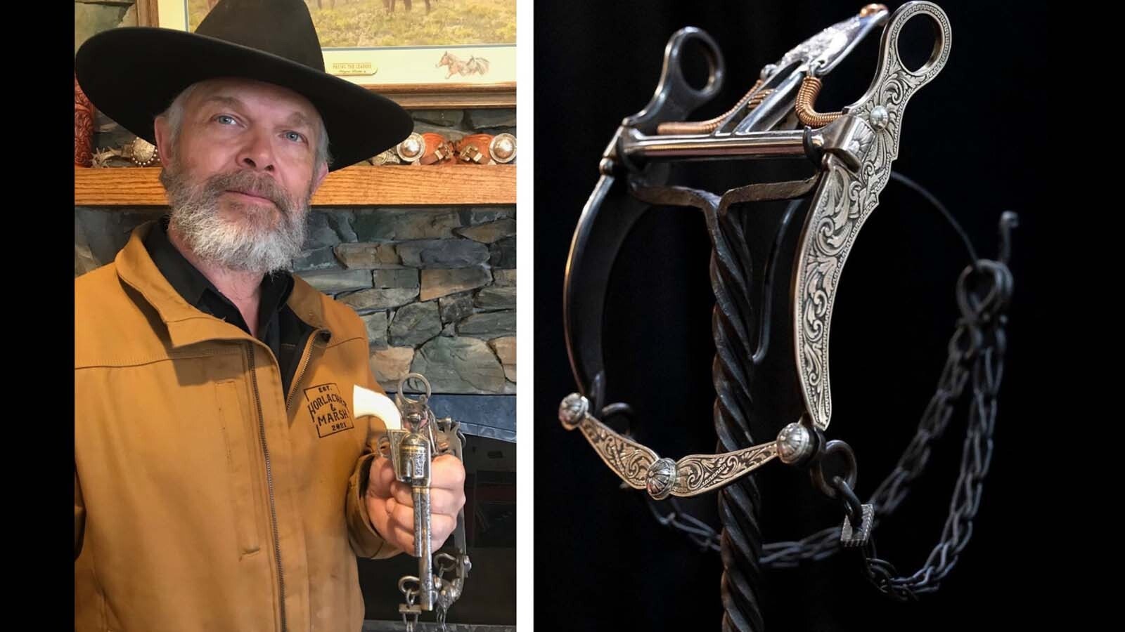 Although known internationally for his spurs and bits, silversmith Ernie Marsh originally planned on a career silversmithing guns. He has decorated about 40 guns in his lifetime and is now focused on designing usable gear for horses. Right, he designed this full sterling silver overlaid Nevada spade bit with high relief engraving. He is passionate about creating usable pieces of art and spends hundreds of man hours crafting his pieces.