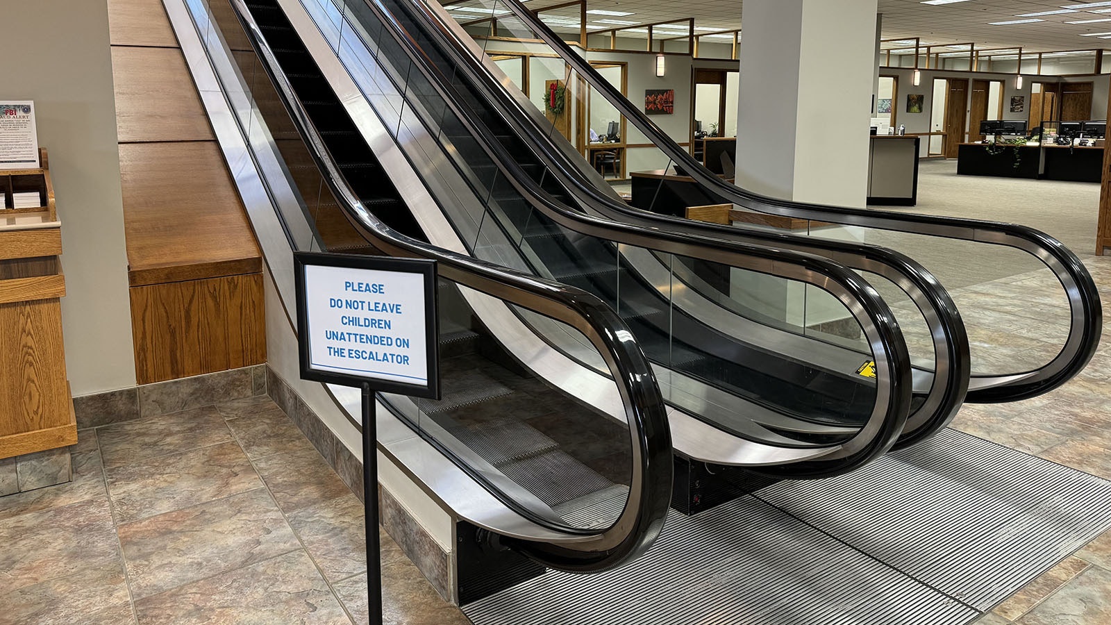 The escalators in the main branch of Hilltop Bank in Casper. These escalators (the most recently built in Wyoming) were installed when the bank building opened in 1979.