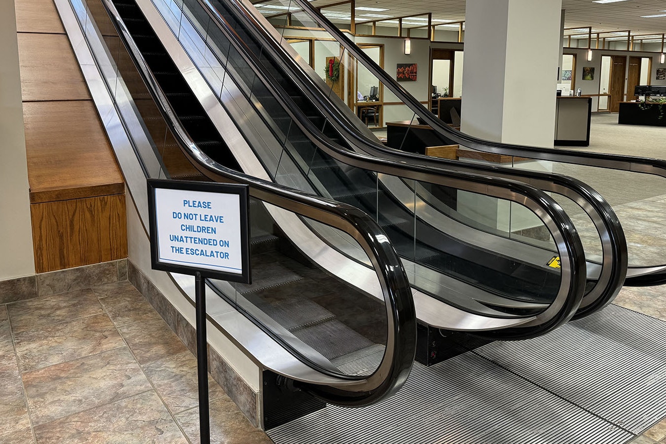 The escalators in the main branch of Hilltop Bank in Casper. These escalators (the most recently built in Wyoming) were installed when the bank building opened in 1979.