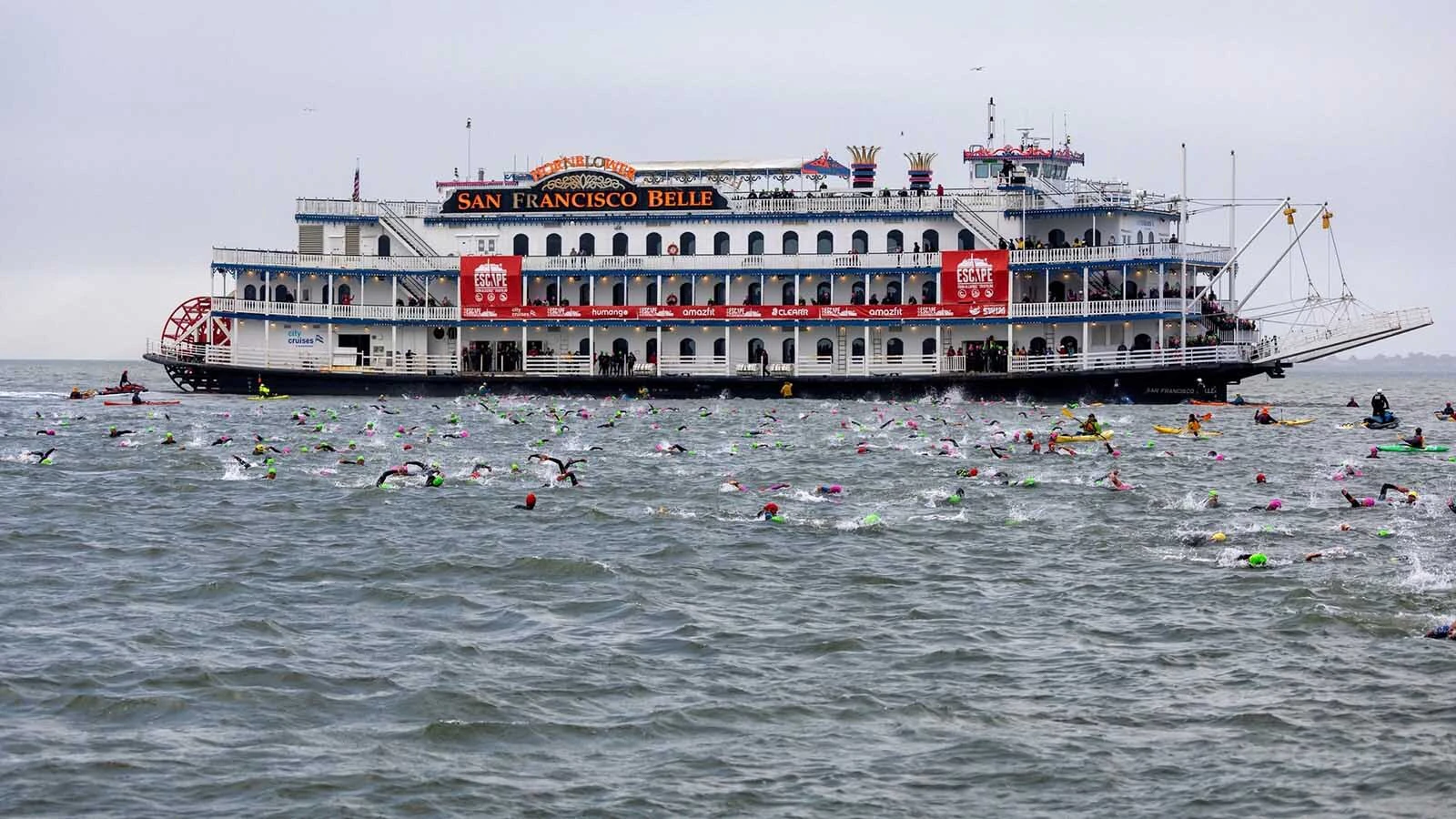 The San Francisco Belle is used at the platform to launch the swim. Federal law does not allow people to actually swim off Alcatraz Island.