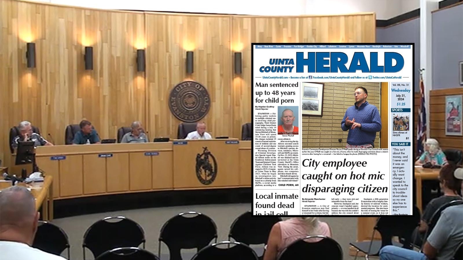 Evanston Mayor Kent Williams, sitting right, blasted the Uinta County Herald for its front-page coverage of a city staffer leaving a vulgar voicemail for a local resident.