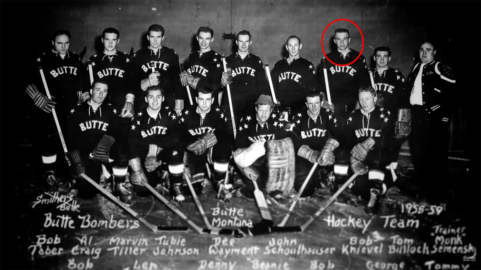 Evel Knievel as a member of the Butte Bombers hockey team in 1959.