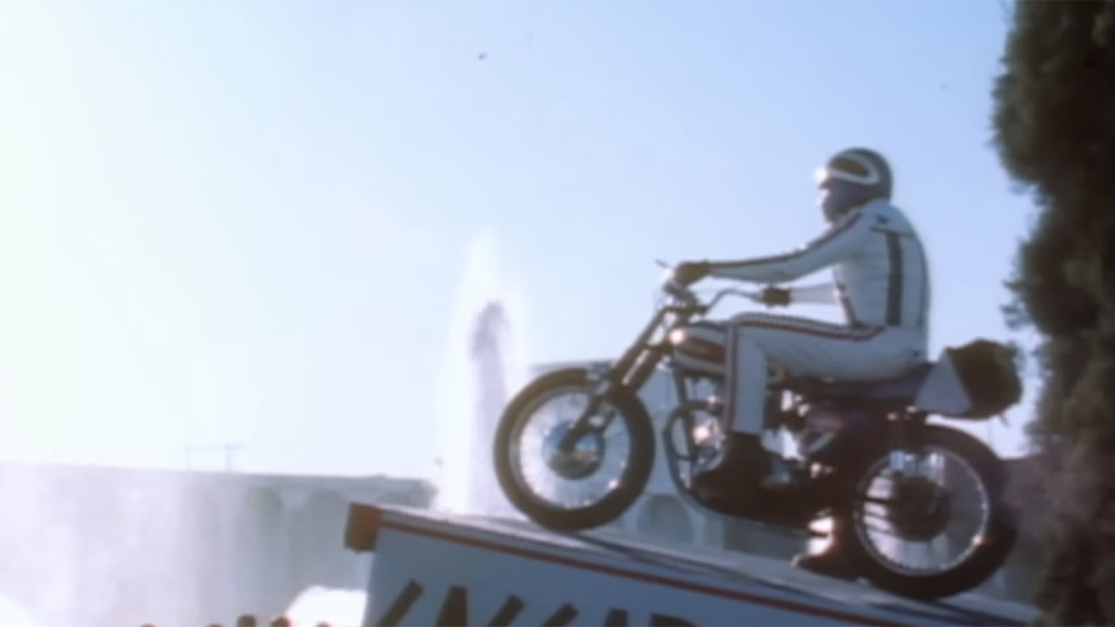 Evel Knievel studies the jump at Caesars Palace from the takeoff ramp.
