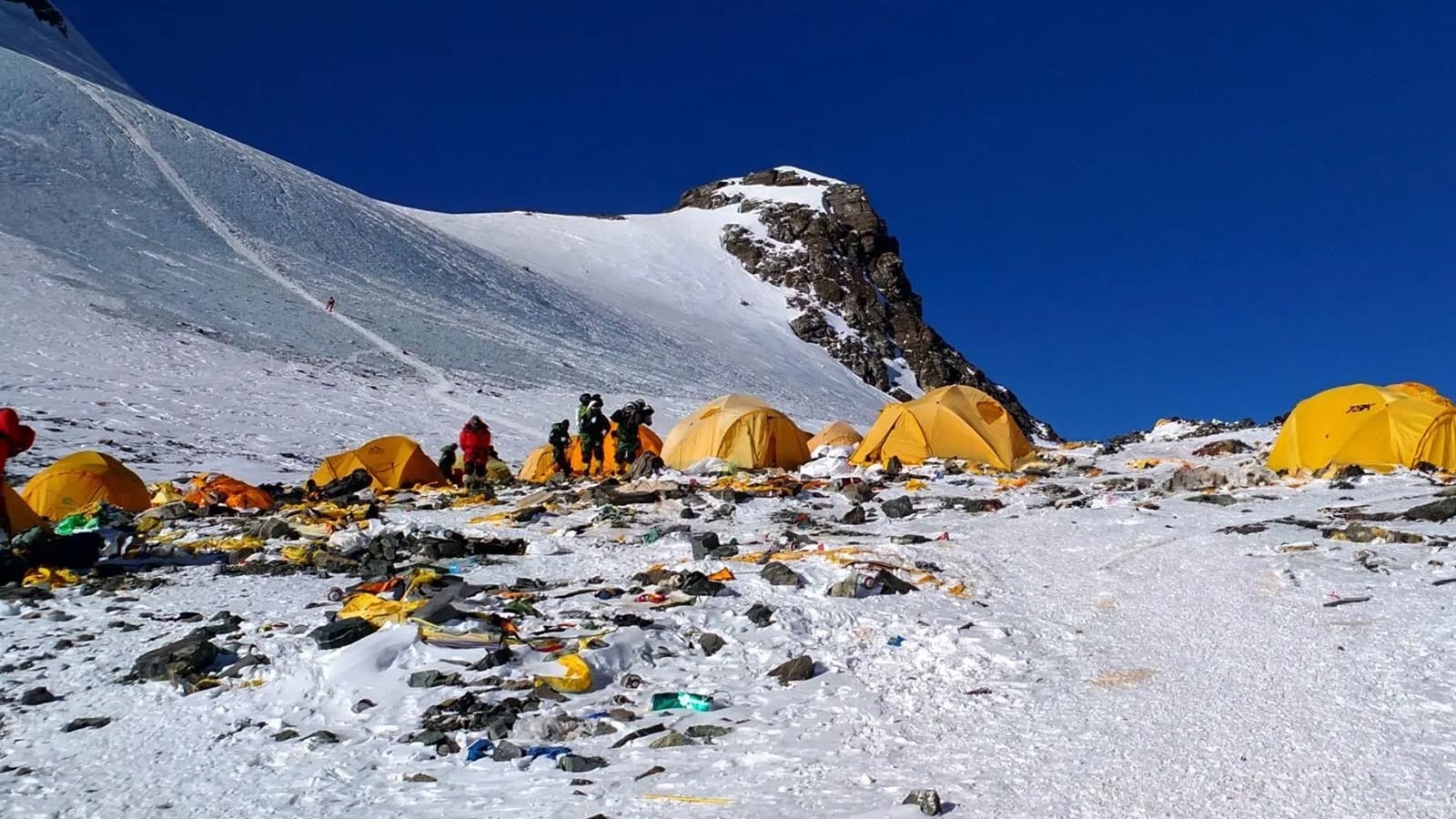 Discarded tear and trash litters one of the Mount Everest base camps in this 2018 photo.