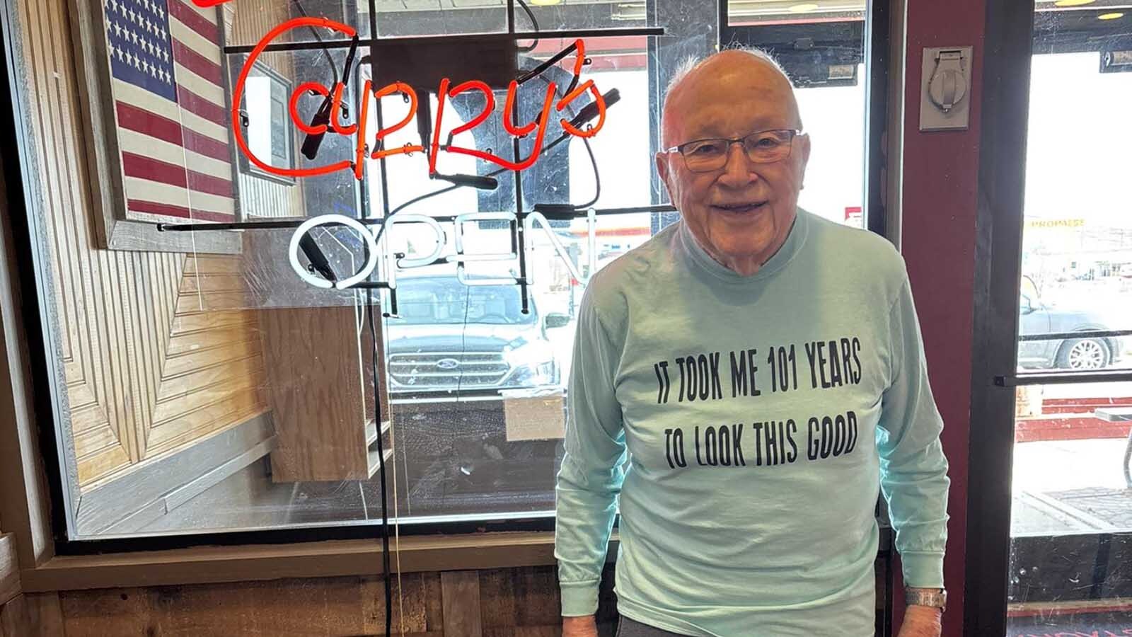 Former Rawlins Mayor Everett Mann on his 101st birthday at Cappy's Restaurant.