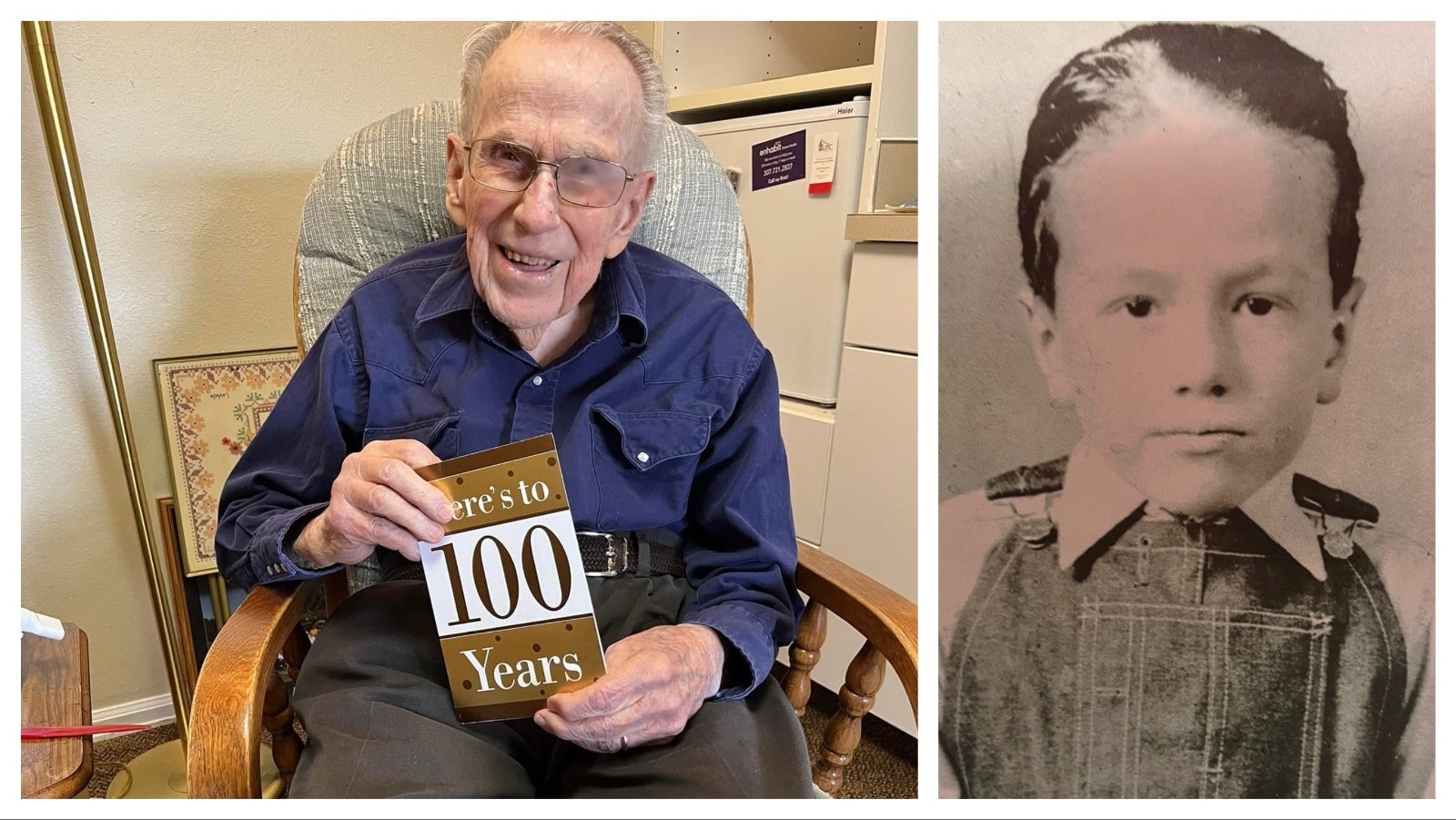 Everett Spackman turned 100 on March 5, 2025. Here he's seen with a card wishing him a happy 100th, and also a 4-year-old in Nebraska.