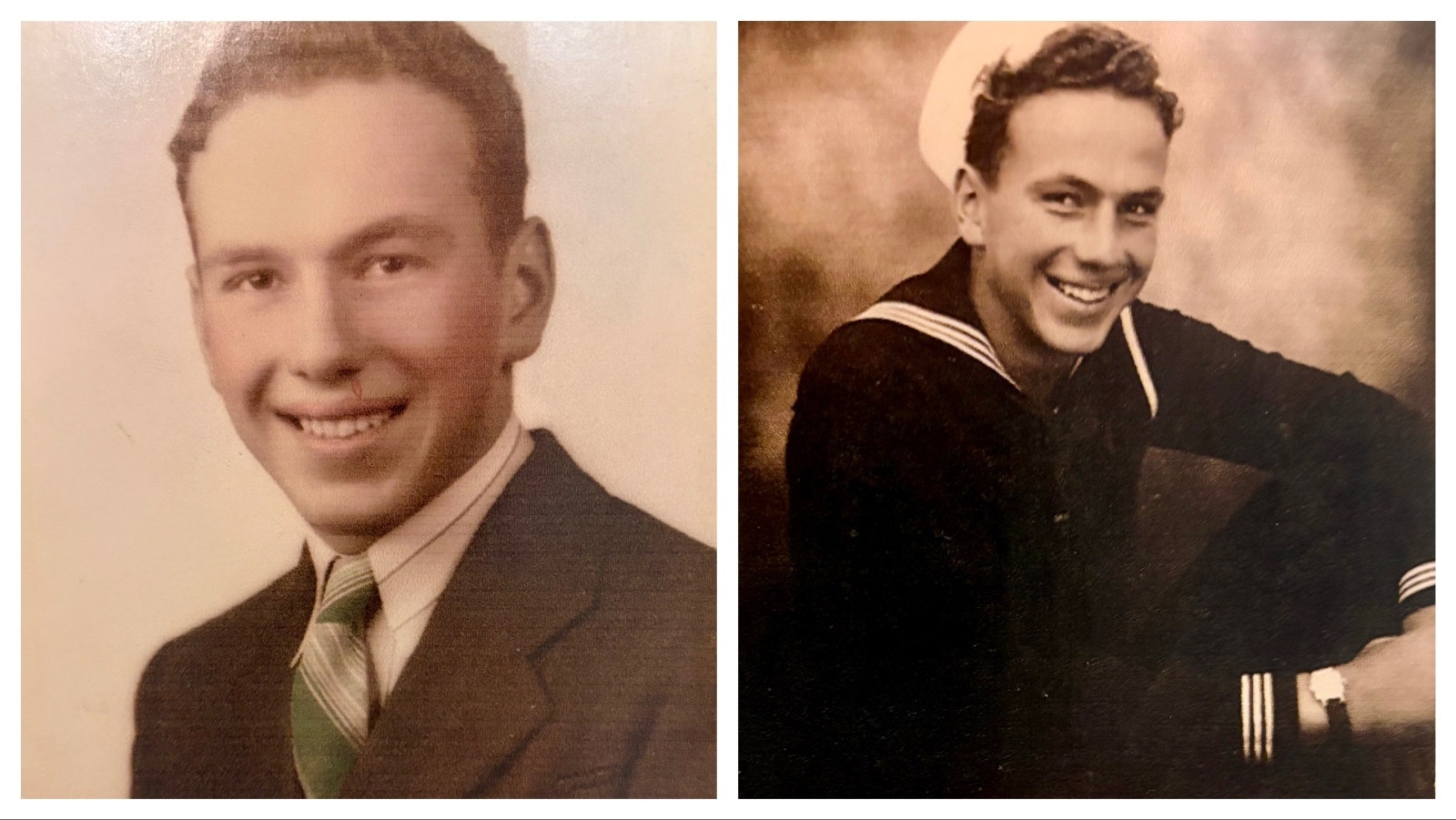 Everett Spackman at his high school graduation, left, and as a sailor in the Navy.