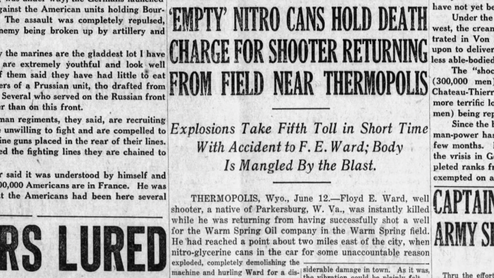 The Casper Daily Tribune on June 12, 1918, reports another death of an Independent Torpedo Company employee.