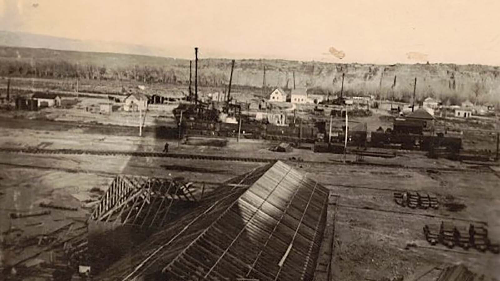 Oil derricks dot the horizon in Greybull in the early 1900s.