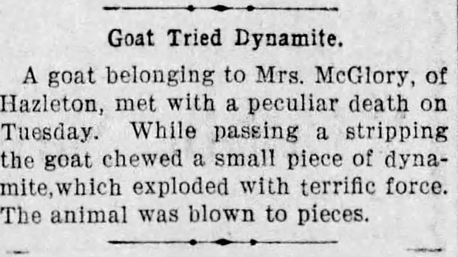 In Pennsylvania, a goat made statewide headlines after eating dynamite at a coal mine and exploding.