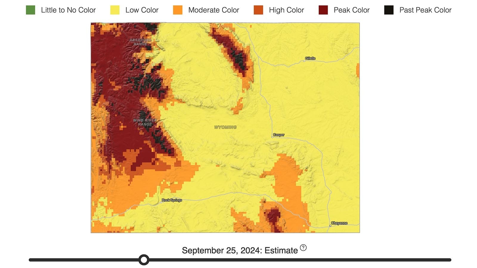 A lot of the peak fall colors viewing will hit Wyoming's higher elevations by late September, according to the Explore Fall map.