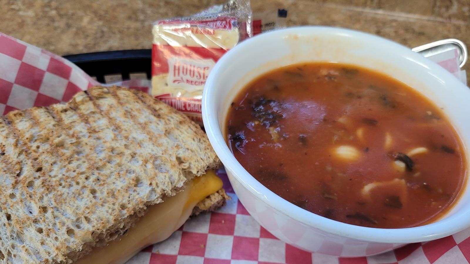 Pesto grilled cheese and tomato florentino soup at Expresso Lube in Gillette, Wyoming.