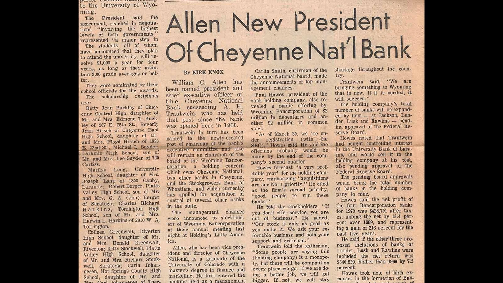 Bill Allen was president of Cheyenne National Bank when he was targeted in a $2,000 extortion scheeme that included a threat to kill his family.